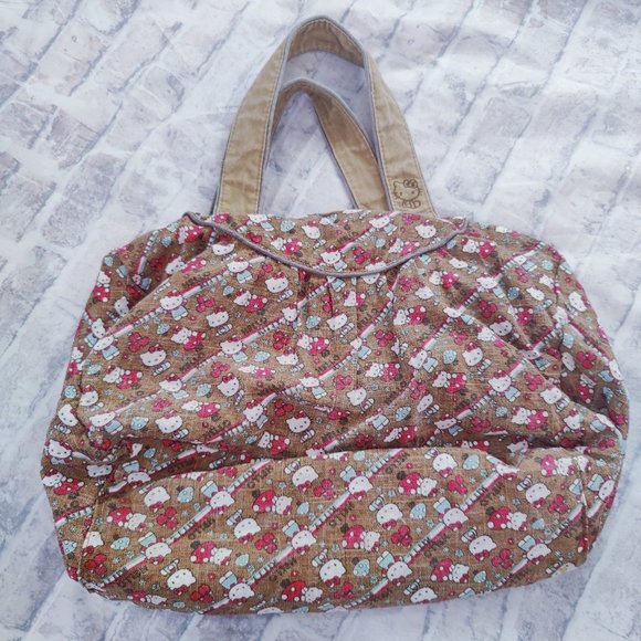Y2K HTF Loungefly Hello Kitty Mushroom Duffel Weekender Bag Brown Red White - Picture 11 of 12